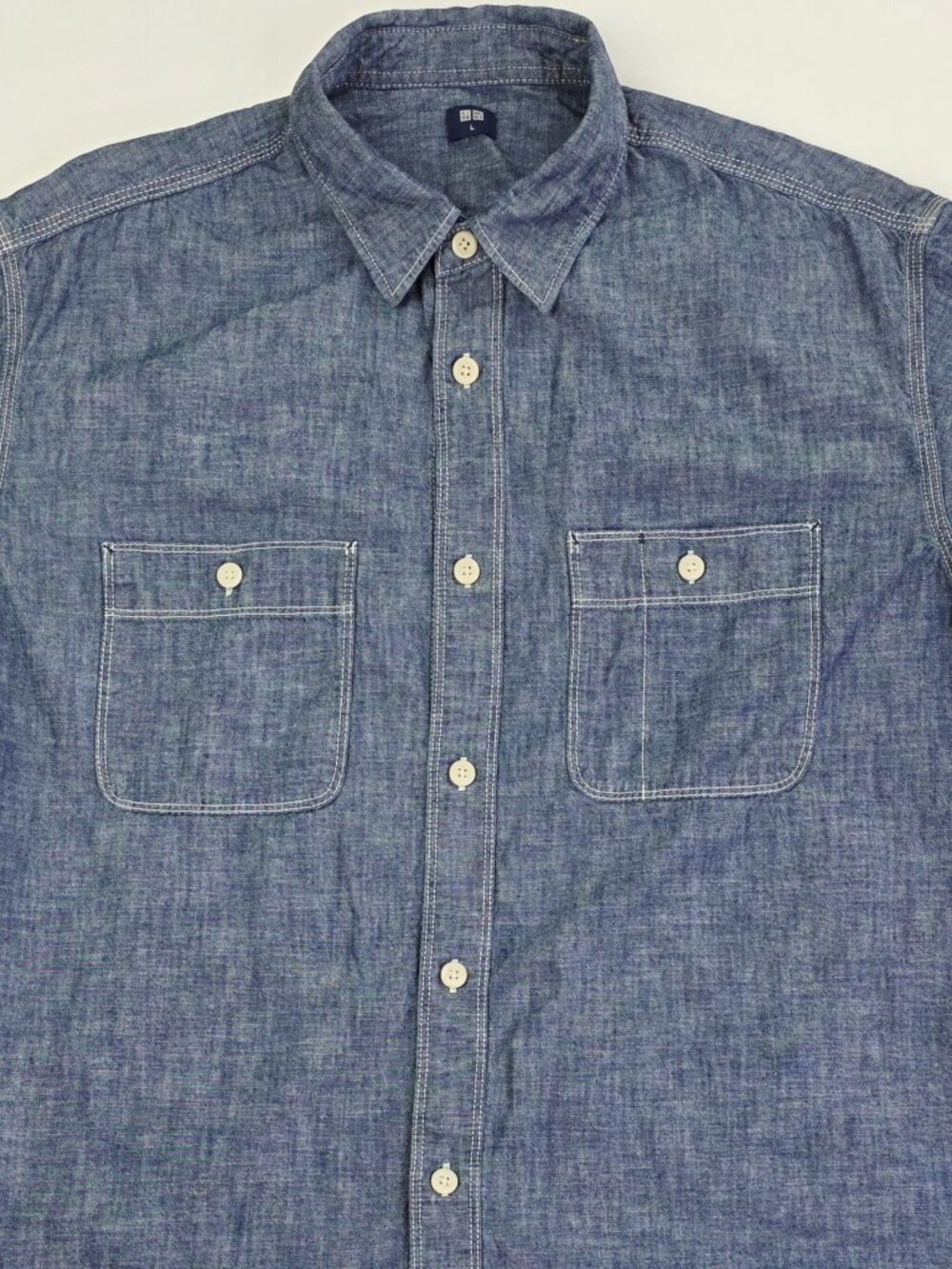 Uniqlo Size Large Mens Blue Denim Long Sleeve Two Pocket Cotton Shirt - Picture 9 of 9